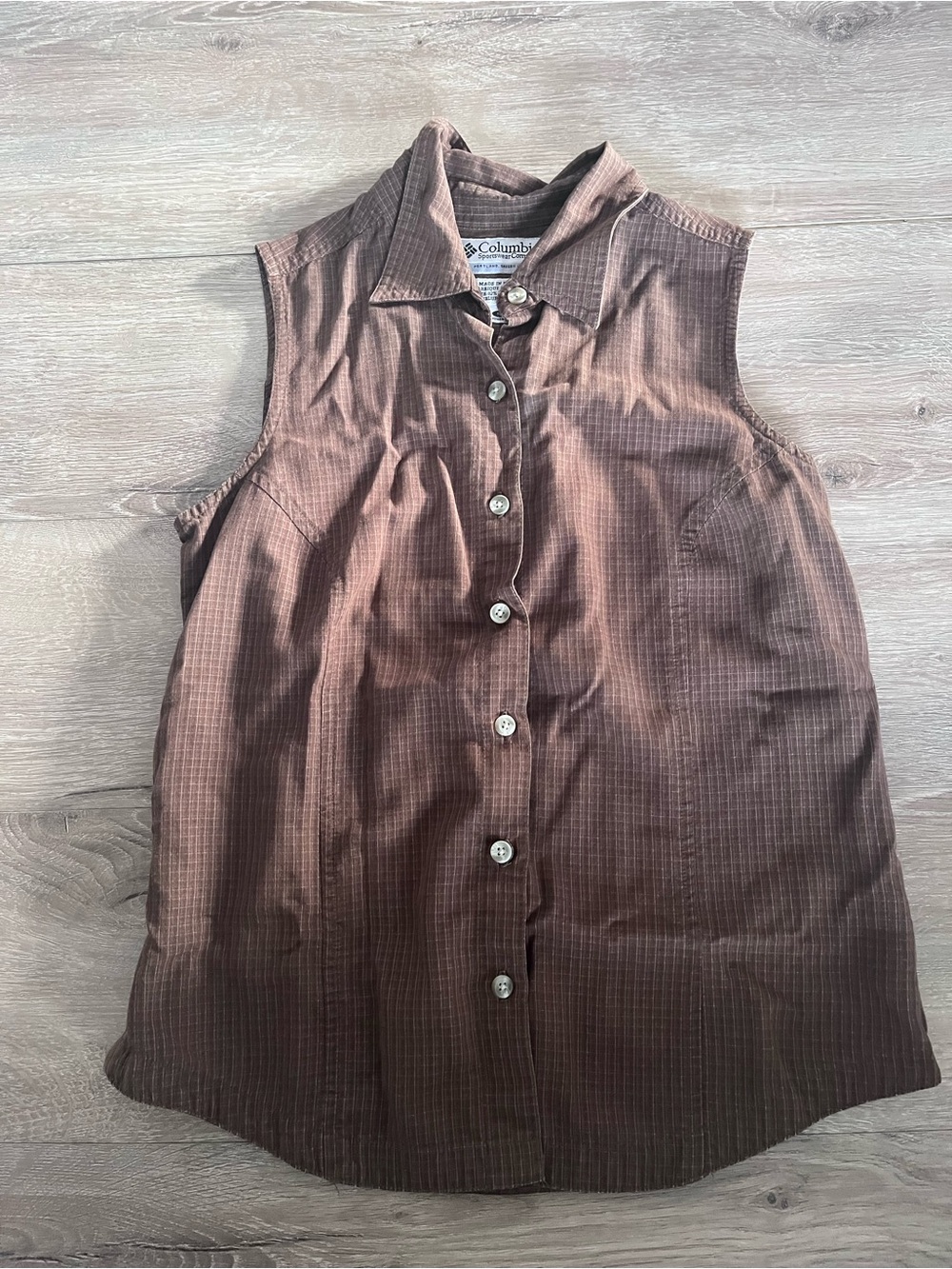 Vintage Columbia Women's Brown Pinstripe Sleeveless Button Shirt